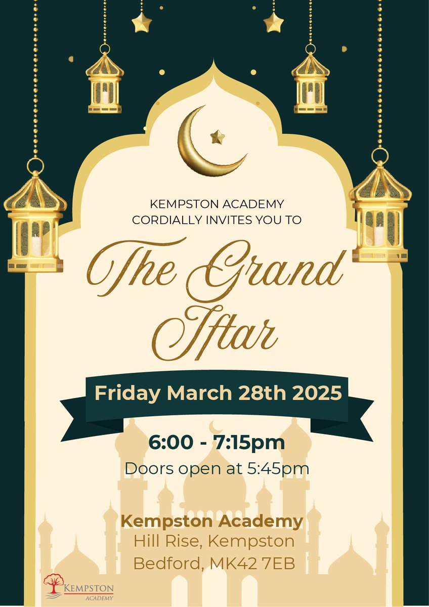 We're thrilled to extend the invitation to families of students for our Grand Iftar! Join us on Friday 28th March, for a special evening 🌙
Booking is £5 per person, payable via ParentMail. Secure your spot today!