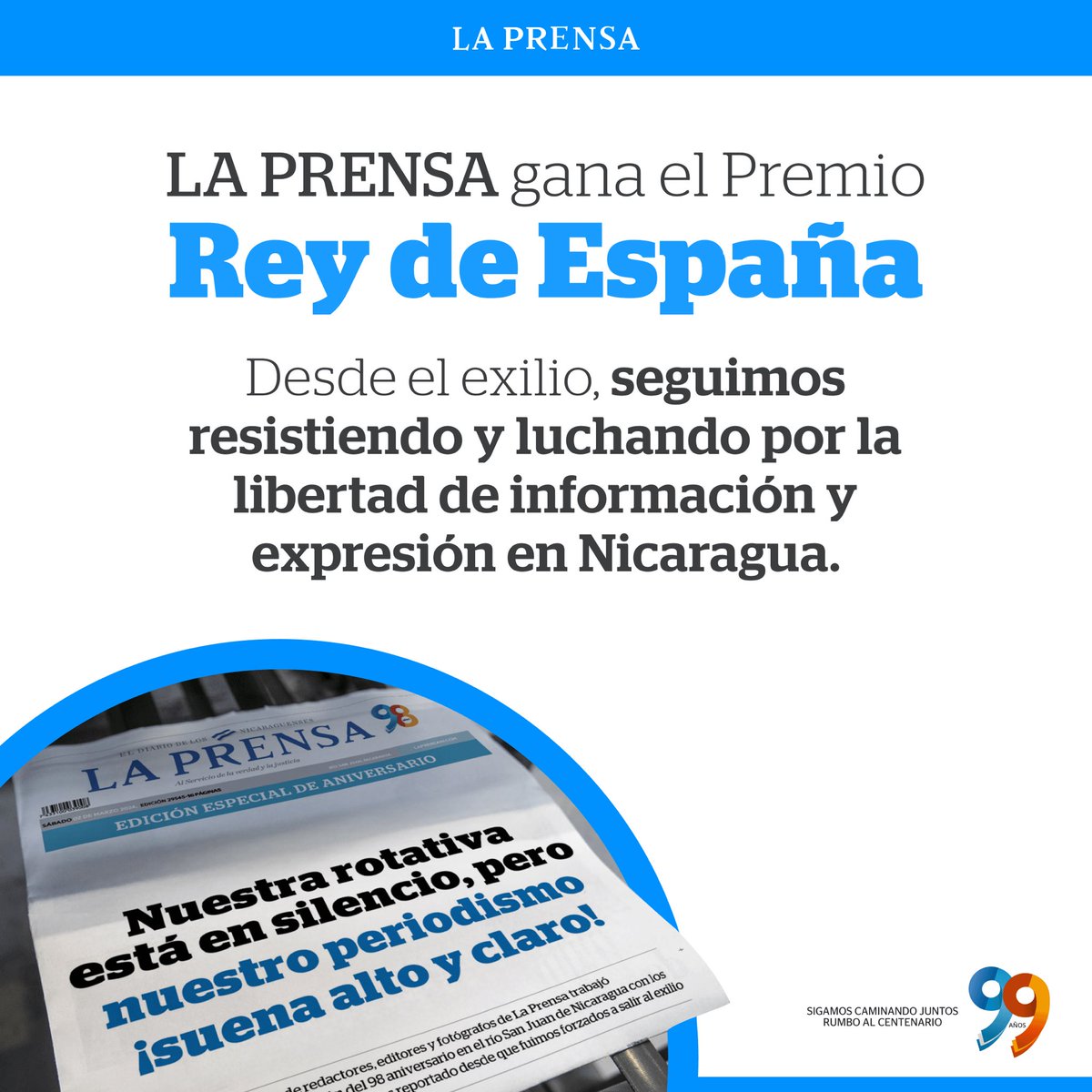 laprensa's tweet photo. 📰 🏆 LA PRENSA hace historia y recibe el Premio Rey de España.

Desde el exilio, mostramos que el periodismo valiente jamás calla 🗣️✍️.

💪🏼 ¡Seguiremos luchando por la libertad de información y expresión en Nicaragua! 🇳🇮

🗞️ Gracias a todos nuestros seguidores por su apoyo incondicional y a @EFEnoticias y @AECID_es por este reconocimiento.
