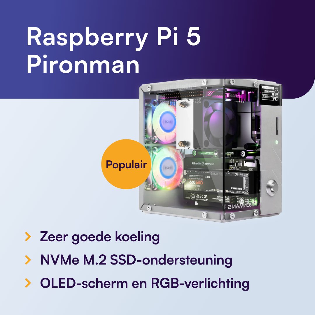 Bouw je ultieme Raspberry Pi 5 setup met de Pironman behuizing! 💻✨

Stevige aluminium case met krachtige koeling, NVMe M.2 SSD-ondersteuning, 0,96” OLED-scherm en RGB-verlichting. Perfect voor NAS, media of gaming! 🎮

Bestel ‘m nu via: ow.ly/nc9Z50V469a