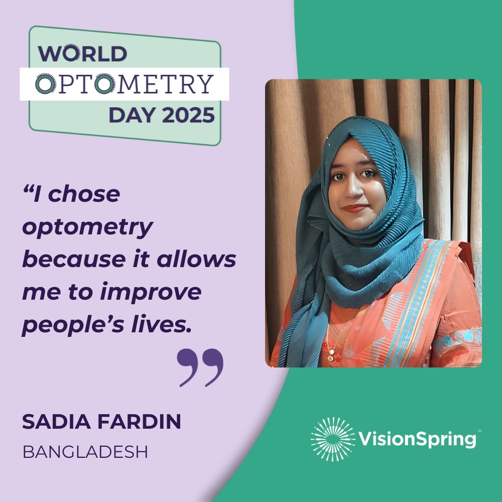 This week VisionSpring is celebrating optometrists – like Sadia – and all team members involved in conducting sightseeing tests and eye exams for more than 2 million people every year.

Thank you for all you do! 

#WorldOptometryDay2025