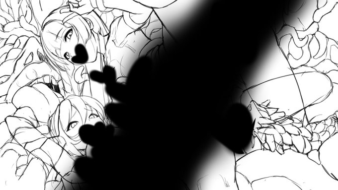 位置など調整しながらうにょうにょ描き込んで下絵まで(*'ω`*)
口付きうにょうにょは以前の単純な形から鼻付きのイボイボな形にしました。以前のものよりある程度大きさがあるので…以下略*
横長構図に苦戦していましたが、堂々と入れられた気がする* 