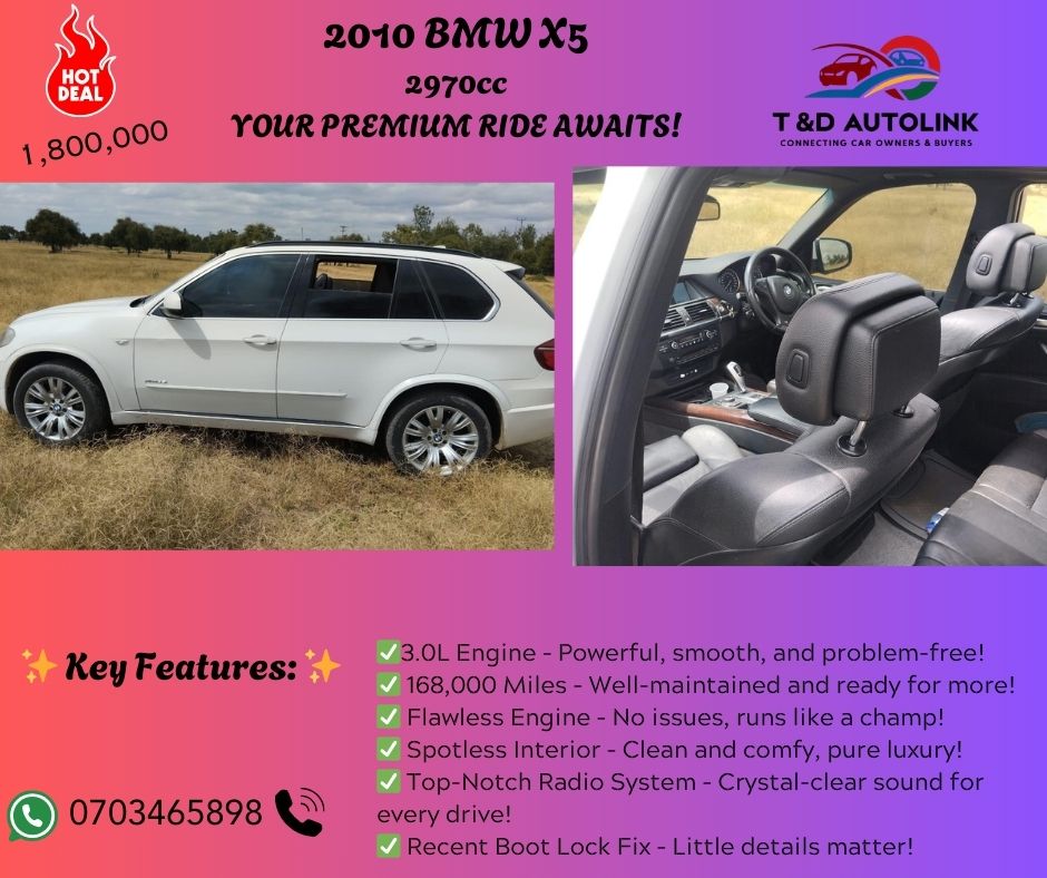 tdAutolink's tweet image. 2010 BMW X5 – LUXURY MEETS RELIABILITY! 🚗

✨ 3.0L Engine | 168,000 Miles | No Engine Issues ✨

This beauty runs like a dream—well-serviced, spotless interior, and a killer radio system to crank your tunes.

👉 DM me now—this X5 won’t last long!