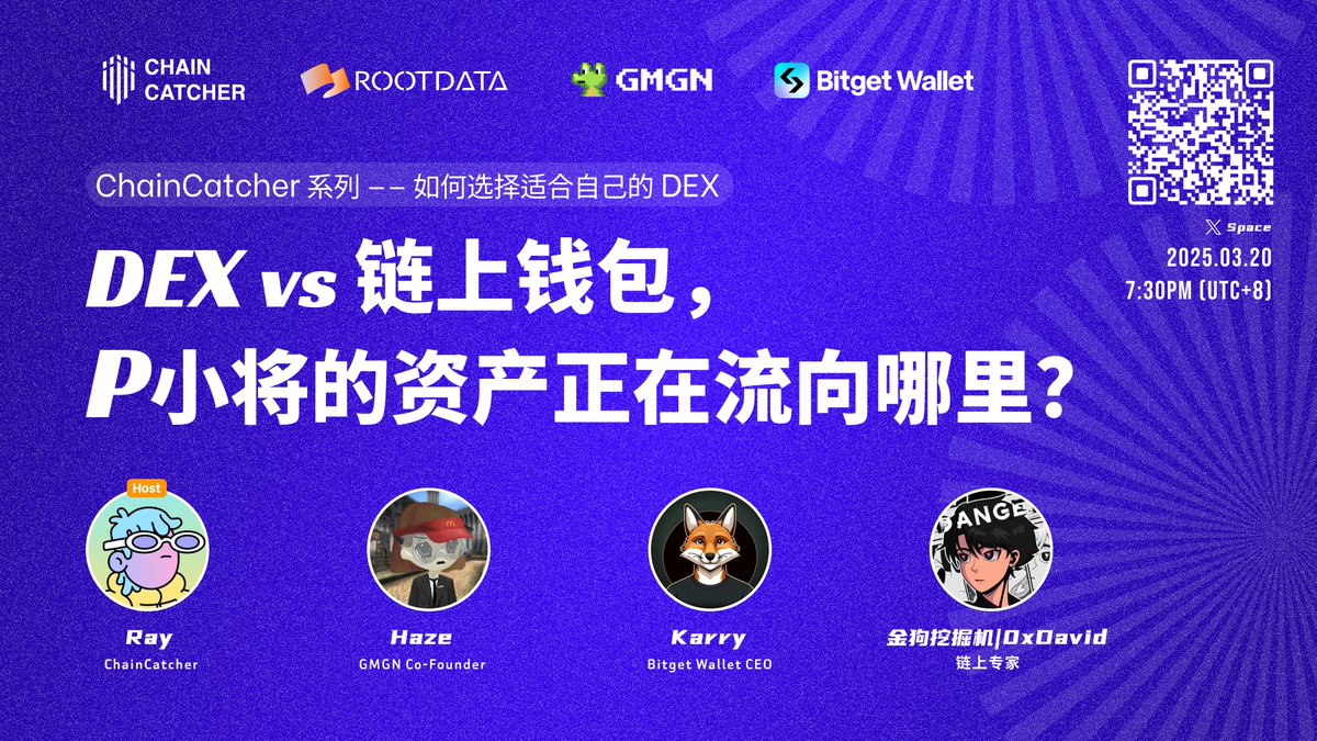 ChainCatcher_'s tweet image. 🧐DEX vs 链上钱包,P小将的资产正在流向哪里?
当链上钱包和DEX神仙打架,你的选择是什么?那些闷声发大财的链上Alpha猎手,究竟藏着什么财富剧本?
今晚7:30,ChainCatcher《钱包&DEX丛林生存指南》系列第一期邀请到了Bitget Wallet CEO @KarryWeb3、GMGN 联创@haze0x,@HunterOnlyETH…