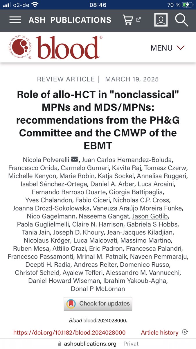 Katja Sockel (@katjasockel) on Twitter photo Fresh of the press @BloodJournal
„Allo HCT in „nonclassical“ MPNs and MDS/MPNs“
Fantastic global consensus project led by <a href="/N_Polverelli/">Nicola Polverelli, MD, PhD</a> and <a href="/DrLornan/">DrDonalMcLornan</a> !…always a pleasure to work with the dedicated team of <a href="/TheEBMT/">The EBMT</a> CMWP!!
ashpublications.org/blood/article/… Fresh of the press @BloodJournal
„Allo HCT in „nonclassical“ MPNs and MDS/MPNs“
Fantastic global consensus project led by <a href="/N_Polverelli/">Nicola Polverelli, MD, PhD</a> and <a href="/DrLornan/">DrDonalMcLornan</a> !…always a pleasure to work with the dedicated team of <a href="/TheEBMT/">The EBMT</a> CMWP!!
ashpublications.org/blood/article/…