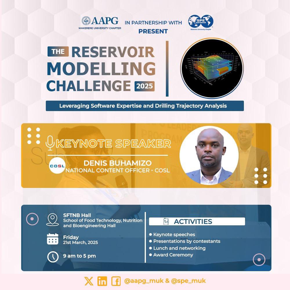 aapg_muk's tweet photo. Our Reservoir Modelling Challenge just got a whole lot more exciting!!! We're honored to have the National Content officer of COSL Uganda joining us to share their wealth of knowledge! Join us tomorrow, 21st March at SFTNB Hall, Makerere University starting at 7:30am. https://t.co/jRA8azZ16z