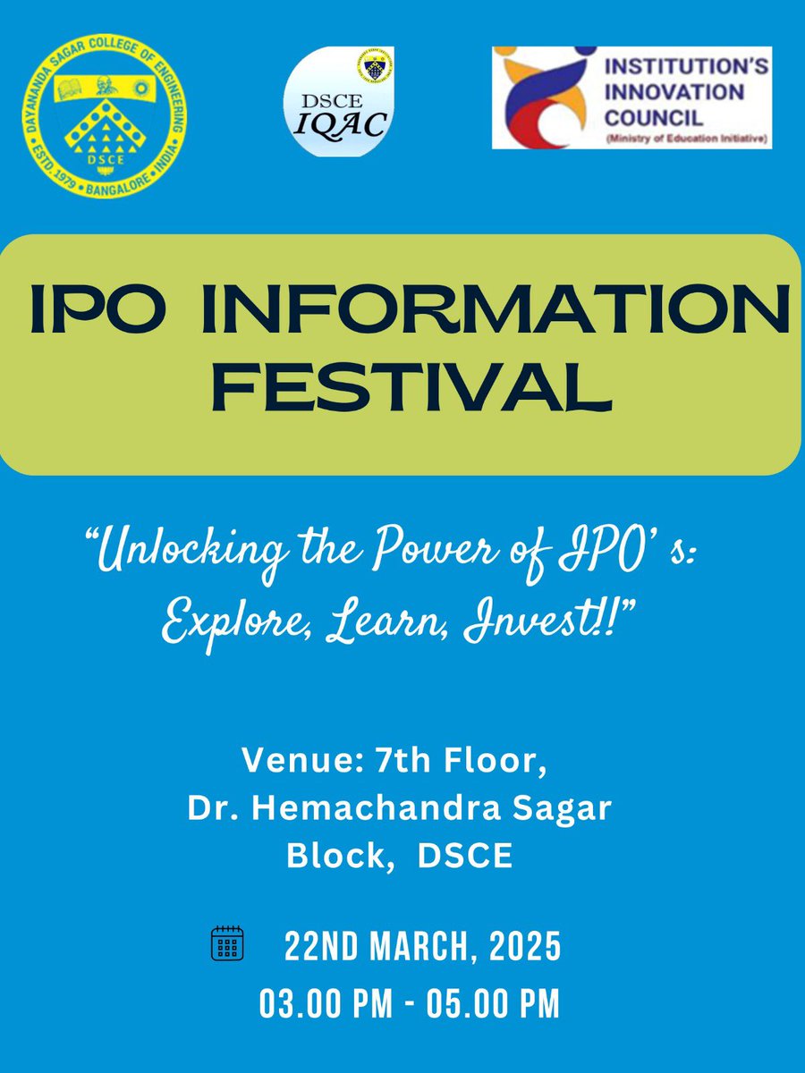 dscedomsvtu's tweet photo. Are you ready to dive into the world of Initial Public Offerings (IPOs)? Join us for an insightful session at DSCEDOMS where industry experts will decode the IPO process, investment strategies, and market trends. https://t.co/yQw0kKq9M8