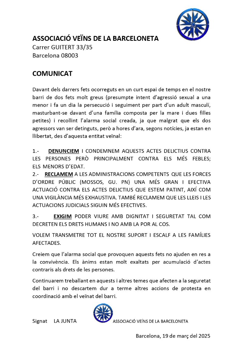aavvbarceloneta's tweet photo. COMUNICAT 📢
#LaBarceloneta #Denuncia #Reclamacio #Exigim https://t.co/ZycEbJMj7k
