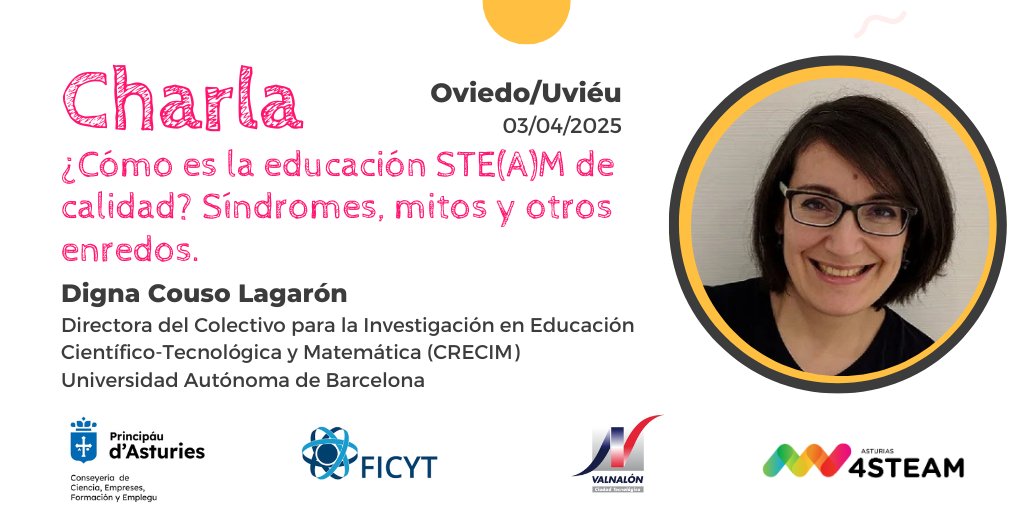 asturias4steam (@asturias4steam) on Twitter photo 📢¿Cómo es la educación STE(A)M de calidad? Este es el temazo que nos planteará <a href="/DignaCouso/">Digna Couso</a> en la charla y mesa redonda que estamos preparando el 3 de abril en Oviedo.
⚙️Organiza <a href="/SCTAsturias/">Consejería de Ciencia, Industria y Empleo</a> <a href="/FICYT/">FICYT</a> <a href="/Valnalon/">Valnalón</a>
🗒️¡Últimas plazas! Inscripciones: forms.gle/8J7EYupPccmWfQ 📢¿Cómo es la educación STE(A)M de calidad? Este es el temazo que nos planteará <a href="/DignaCouso/">Digna Couso</a> en la charla y mesa redonda que estamos preparando el 3 de abril en Oviedo.
⚙️Organiza <a href="/SCTAsturias/">Consejería de Ciencia, Industria y Empleo</a> <a href="/FICYT/">FICYT</a> <a href="/Valnalon/">Valnalón</a>
🗒️¡Últimas plazas! Inscripciones: forms.gle/8J7EYupPccmWfQ