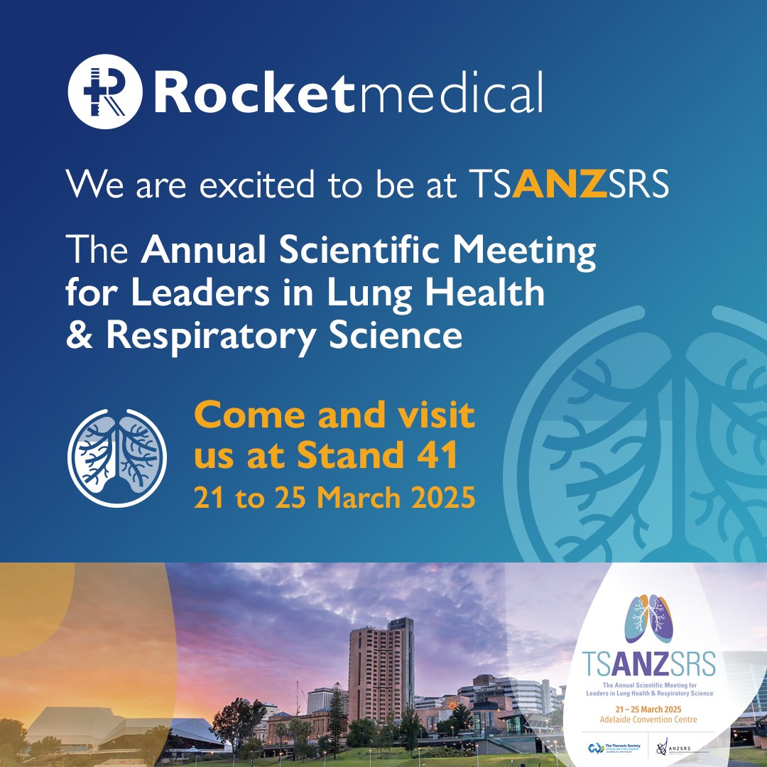 Rocket_Medical's tweet photo. We're excited to be attending The Thoracic Society of Australia and New Zealand (TSANZ) Meeting from the 21-25th March at the Adelaide Convention Centre.
Come to Stand 41 to say hello๐ and discover our portfolio of Chest Drainage solutions.
#RocketMedical #ChestDrainage #TSANZSRS @tsanz_thoracic