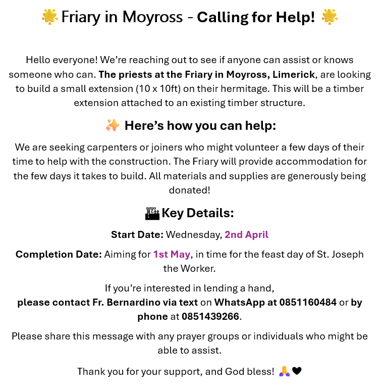 AontuL's tweet photo. ‼️ Please Share to Make Aware‼️
Let's help these priests who do so much for our communities. Let's give back where we can. Please support them and if you cannot help, please share.
#communitysupport #volunteering #limerick #CarpentersNeeded #FriaryBuildingProject #AontúCares https://t.co/WtQkak3jaj