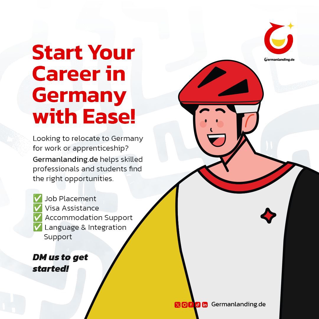 germanlandingDe's tweet image. Want to work or study in Germany? 🇩🇪

We make your relocation easy with:
✅ Job Placement
✅ Visa Assistance
✅ Accommodation Support
✅ Language &amp;amp; Integration Help

Let’s get you started! 📩 DM us today.

#GermanLanding #WorkInGermany #MoveToGermany #VisaAssistance #CareerAbroad