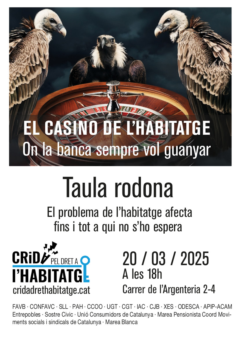 Avui  la #CridadelDretHabitatge convoquem aquesta taula rodona tant urgent!

➡️ "El problema de l'#habitatge afecta fins i tot a qui no s'ho espera"

📌 18h al carrer de l'Argenteria 2-4