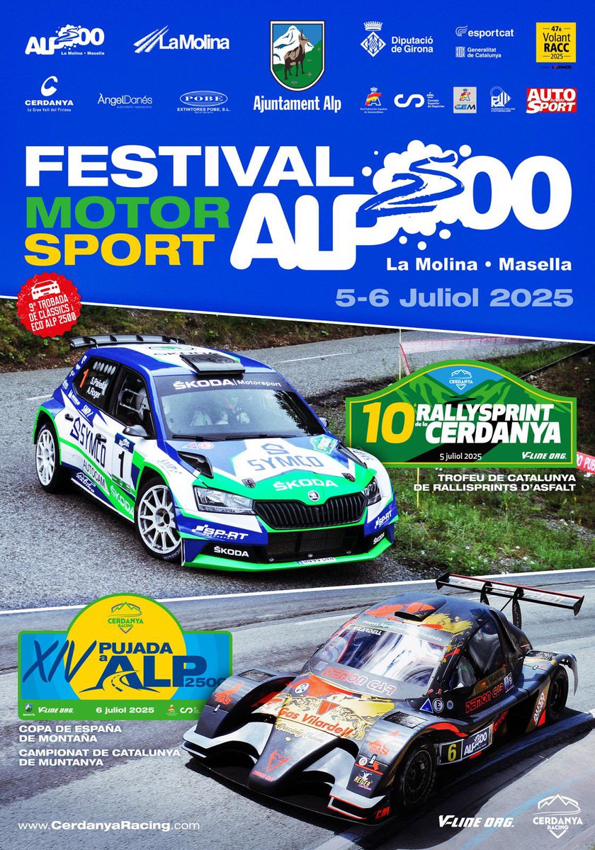 📍Festival Motorsport #ALP2500 (5-6 jul 2025)
✅ XIV Pujada Alp 2500
- Copa España Montaña
- Campionat Catalunya Muntanya 
- Volant RACC
✅ 10 Rallysprint de la Cerdanya
- Campionat Catalunya Rallysprint
- Volant RACC