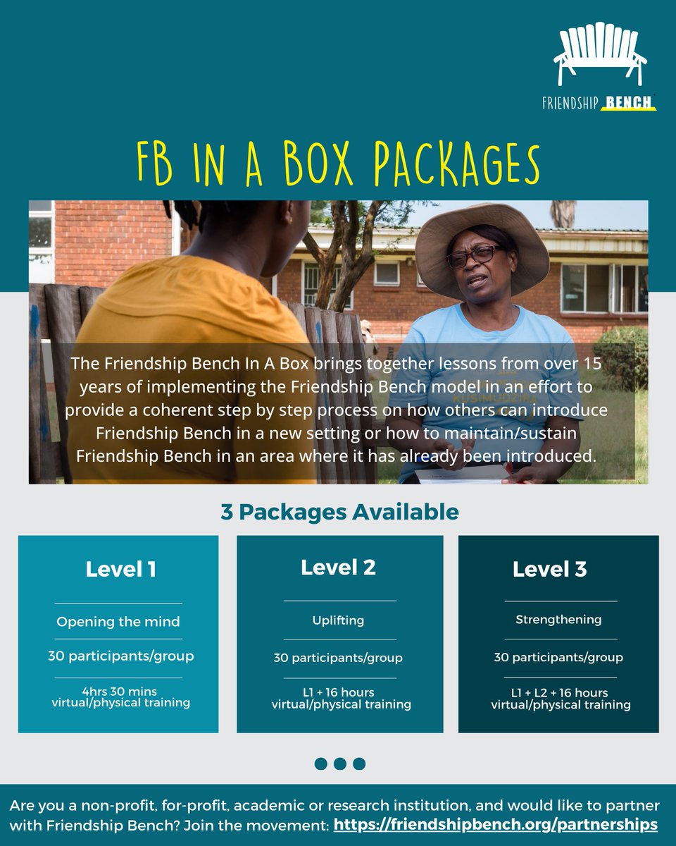 friendshipbench's tweet photo. We  have made it even easier to set up a Friendship Bench in your community  with our FB In A Box toolkit! 📦✨ With 15  years of experience packaged into a ready-to-use model, you will have  everything you need to start providing mental health support.

https://t.co/fOXdo17Ykx https://t.co/HVoN5cz7jA