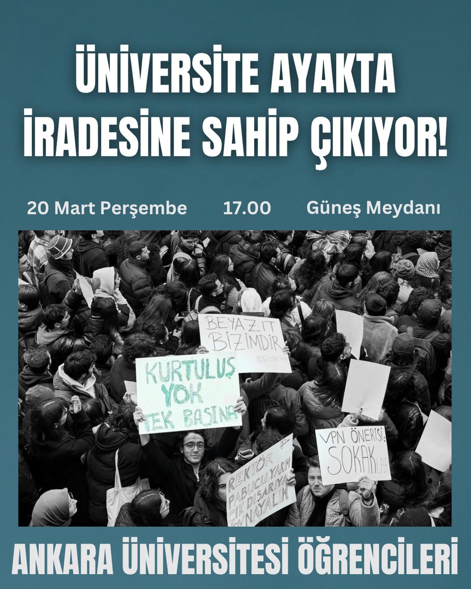Memleketin dört yanından direniş sesleri geliyor. 

Tek adam rejimine karşı Ankara Üniversitesi öğrencileri olarak saat 17.00'da Tandoğan Kampüsü'nden ses çıkarıyoruz.

⭐️ Tek adam rejimine, AKP diktatörlüğüne karşı #HepBeraber
