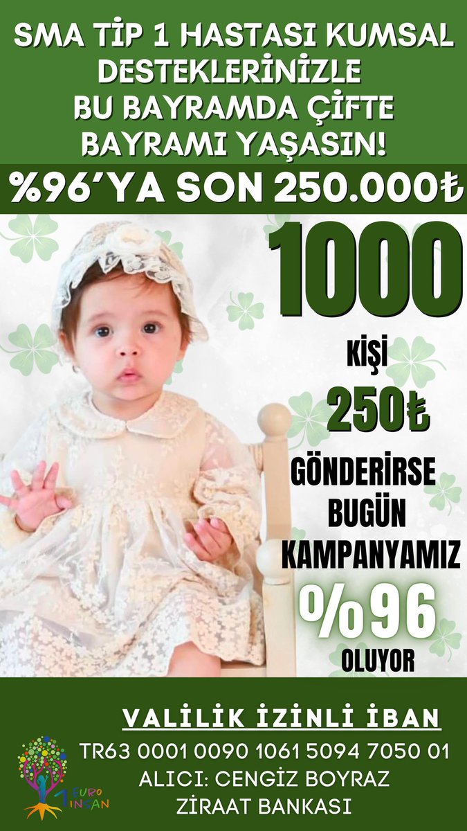 Kampanyamızın %96 olabilmesi için son 250.000 TL.✈️🍀

250 TL bağışlayacak 1000 gönüllüden biri olmak ister misin?
Bağışınız Kumsal'ı ilacına kavuşturacak. 

🍀Valilik izinli hesap bilgisi🍀

🇹🇷 TR63 0001 0090 1061 5094 7050 01

Alıcı: Cengiz Boyraz
Ziraat Bankası

<a href="/1euro1insann/">1 Euro 1 İnsan</a>