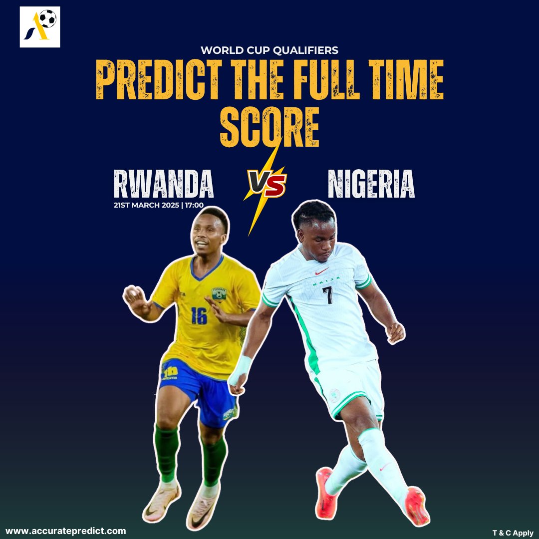 accuratepredicz's tweet image. Predict the score at full time

Rwanda vs Nigeria

📅 21st March 2025 | ⏰ 17:00
#accuratepredict #AccuratePredictions #WorldCupQualifiers