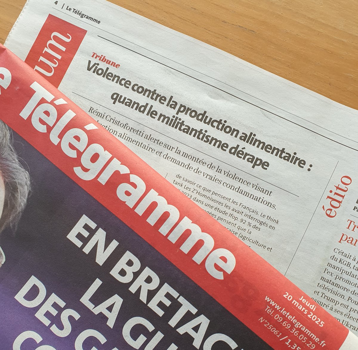 📢À lire dans <a href="/LeTelegramme/">Le Télégramme</a>, la tribune <a href="/leszhomnivores/">Les Z'Homnivores</a> intitulée "Violence contre la production alimentaire : quand le militantisme dérape"

🔶En ce début d’année, la trajectoire de radicalisation de la contestation anti-alimentaire dénoncée depuis huit ans par Les Z'Homnivores
