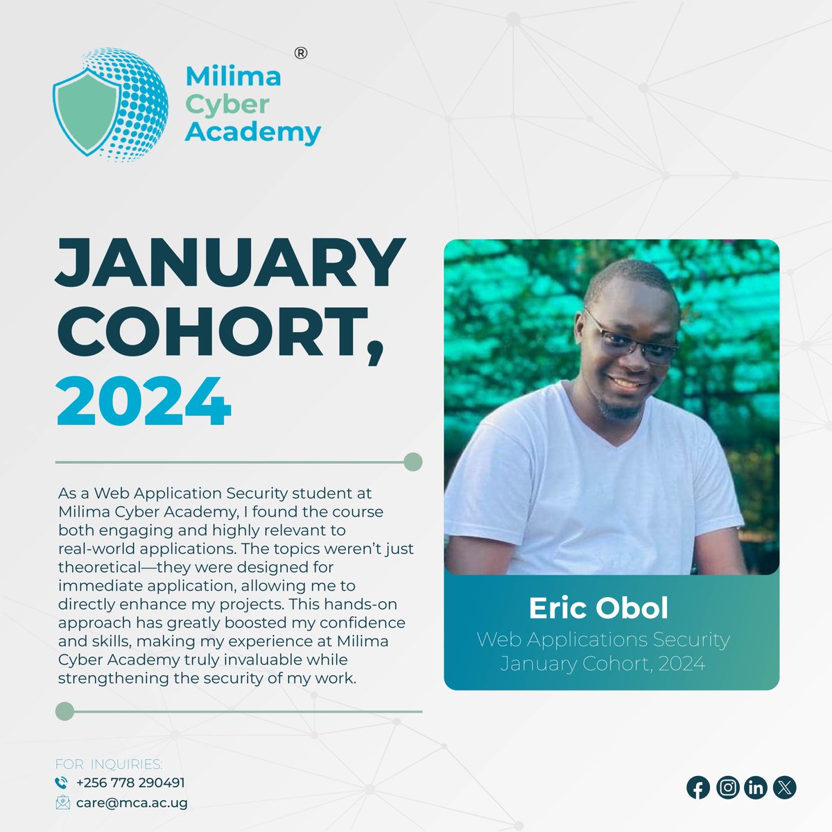 CyberMilima's tweet image. Eric’s cybersecurity journey started with hands-on training at Milima Cyber Academy. Want to gain real-world skills too? April 2025 Cohort starts 7th April! Apply now: mca.ac.ug
#CybersecurityTraining #WebAppSecurity