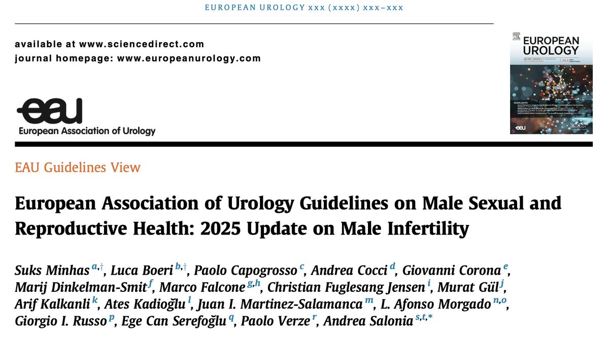 Giorgio I. Russo 🩺 (@giorgioi_russo) on Twitter photo Excited to share our latest publication! 📢
The 2025 <a href="/Uroweb/">European Association of Urology (EAU)</a> Guidelines on #Male #infertility are now available, featuring updates on exome sequencing, probiotics, and improved diagnostic strategies.
🔗sciencedirect.com/science/articl… Excited to share our latest publication! 📢
The 2025 <a href="/Uroweb/">European Association of Urology (EAU)</a> Guidelines on #Male #infertility are now available, featuring updates on exome sequencing, probiotics, and improved diagnostic strategies.
🔗sciencedirect.com/science/articl…