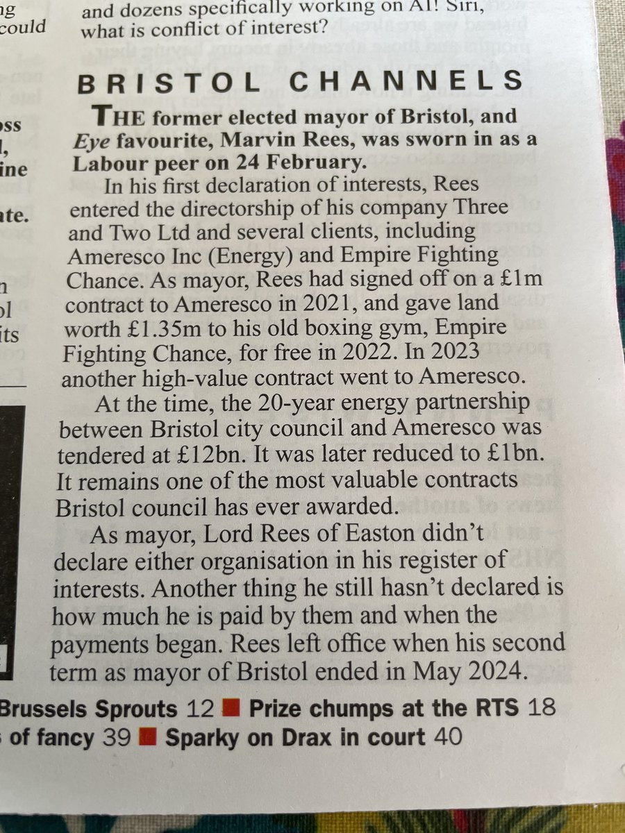 Bladesman77's tweet image. Private Eye has revealed that the failed Mayor of Bristol, who Starmer rewarded with a peerage, has just declared that certain entities who benefited from decisions when he was in office, are now clients of his/his company. Marvin Rees only left office in May of last year. 🤔