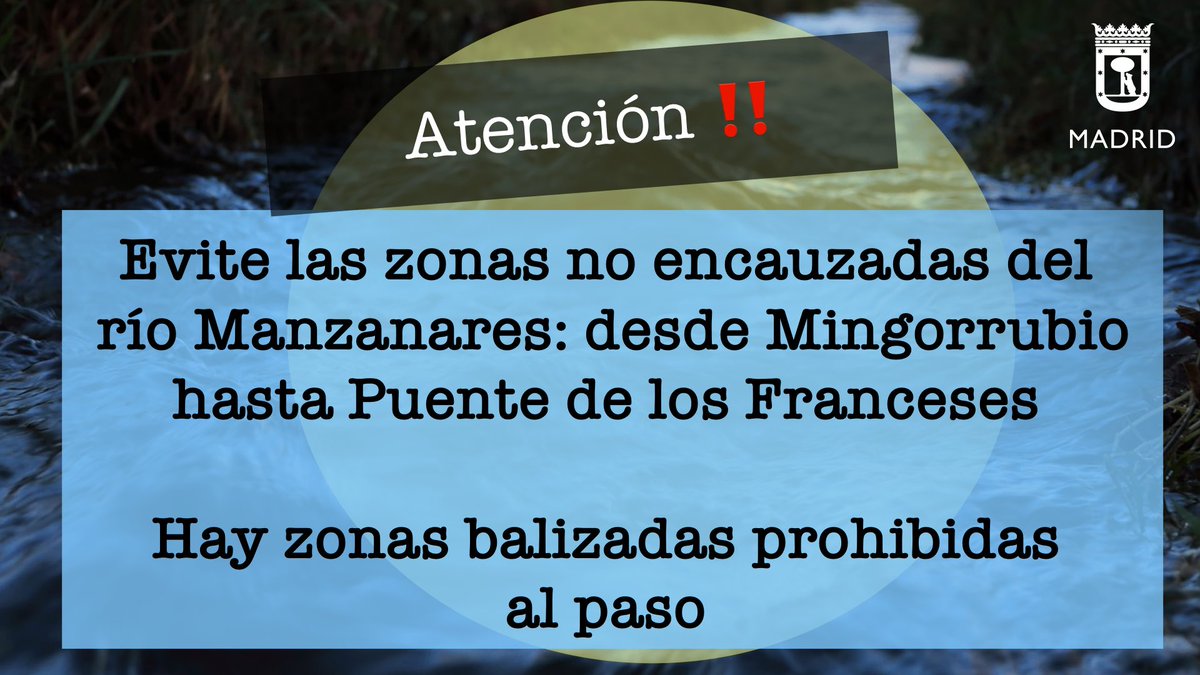 ⚠️ Importante!! 

Máxima precaución. Siguen los desembalses en la zona de El Pardo.

👉🏻 Hay zonas balizadas donde está prohibido el paso. 

👉🏻 No acercarse a los tramos del río no encauzados. 

👉🏻 Infórmate solo por canales oficiales.