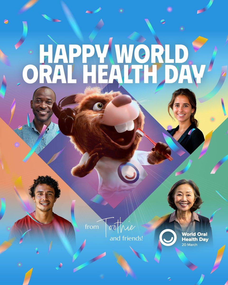Happy #WorldOralHealthDay from Toothie and friends! 🎉 Let’s celebrate the power of good #OralHealth because by caring for your mouth, you are caring for your whole self! 🦷💙 Let’s spread happiness everywhere! 😁✨ 

#HappyMouth #WOHD25