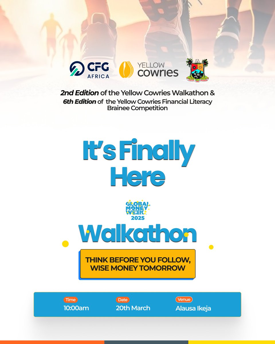 yellowcowries's tweet photo. We are LIVE! 🎉

Today is the day we’ve all been waiting for! Join us for an exciting walkathon and the 6th Edition of the Brainee Financial Literacy Competition! https://t.co/qOLbsJmKvt