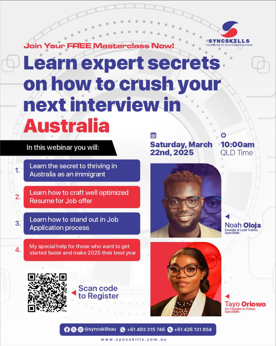 syncskillsau's tweet photo. Do you want to learn how to crush your next interview as an immigrant in Australia?

We have experts ready to show you how.

This webinar is FREE but registration is compulsory.

Scan the code to register and see other details on the flier attached.

#syncskills https://t.co/18Mr4Xh2MD