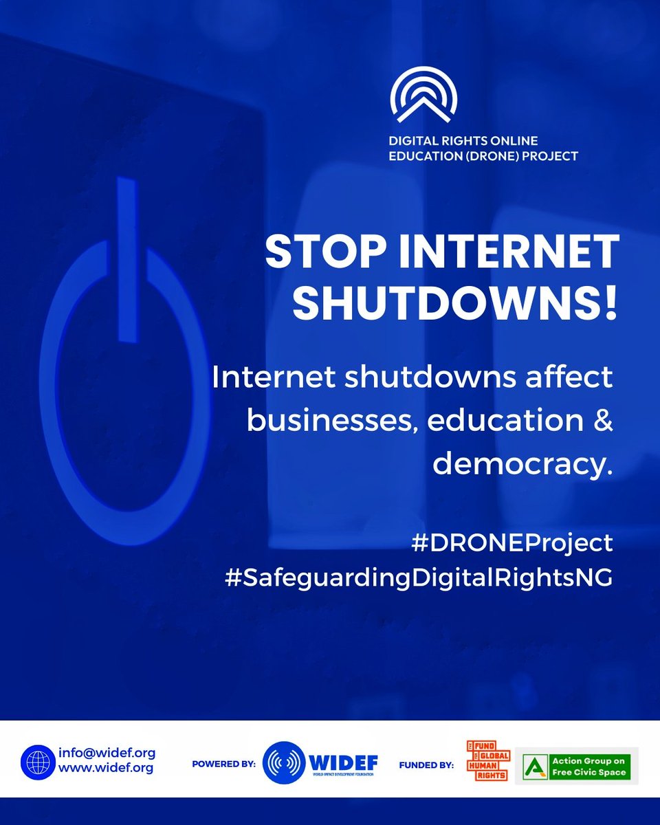 wideflive's tweet image. STOP Internet shutdowns! 

Internet shutdowns affect businesses, education &amp;amp; democracy. 

#DigitalRights
#DRONEProject #SafeguardingDigitalRightsNG