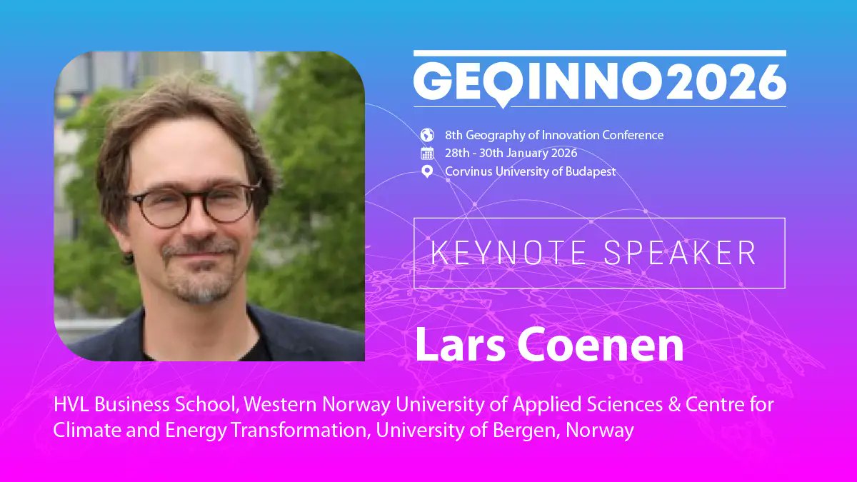 Geography of Innovation Conference (@geoinno2026) on Twitter photo The <a href="/geoinno2026/">Geography of Innovation Conference</a> keynote announcements continue with our next speaker📡Professor Lars Coenen from HVL Business School at Western Norway University of Applied Sciences (<a href="/hvl_no/">Høgskulen på Vestlandet</a>) & the Centre for Climate and Energy Transformation at the University of Bergen (<a href="/UiBCET/">UiB CET (uibcet.bsky.social)</a>) 🚀 The <a href="/geoinno2026/">Geography of Innovation Conference</a> keynote announcements continue with our next speaker📡Professor Lars Coenen from HVL Business School at Western Norway University of Applied Sciences (<a href="/hvl_no/">Høgskulen på Vestlandet</a>) & the Centre for Climate and Energy Transformation at the University of Bergen (<a href="/UiBCET/">UiB CET (uibcet.bsky.social)</a>) 🚀