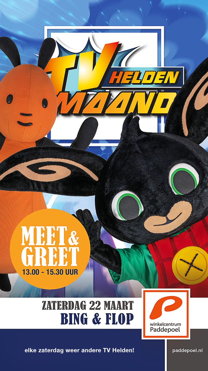 𝗠𝗘𝗘𝗧 &amp; 𝗚𝗥𝗘𝗘𝗧! | Bing &amp; Flop 🙌
Aanstaande zaterdag staan #Bing &amp; #Flop klaar om jouw droom uit te laten komen! Ze komen van 13.00 t/m 15.30 uur langs in #Winkelcentrum #Paddepoel zodat jij met ze op de foto kan!📸 Wist je dat ook nog eens kans maakt op een Playstation 5?