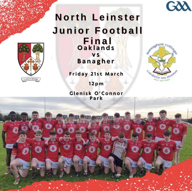 Best of luck to our Junior Footballers who face Banagher in the North Leinster Final at 12pm in O’Connor Park. #GAA #NorthLeinster