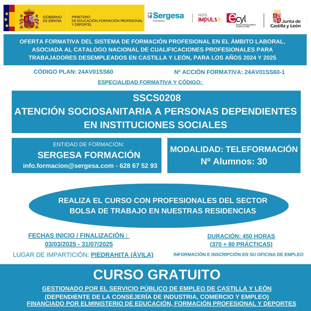 ➡️¿BUSCAS TRABAJO EN ÁVILA?

⚠️CURSO GRATUITO EN ÁVILA, MEDIANTE TELEFORMACIÓN, de Atención sociosanitaria a personas dependientes en instituciones sociales.

🔗INFÓRMATE: sergesaformacion.com/curso/sscs0208…