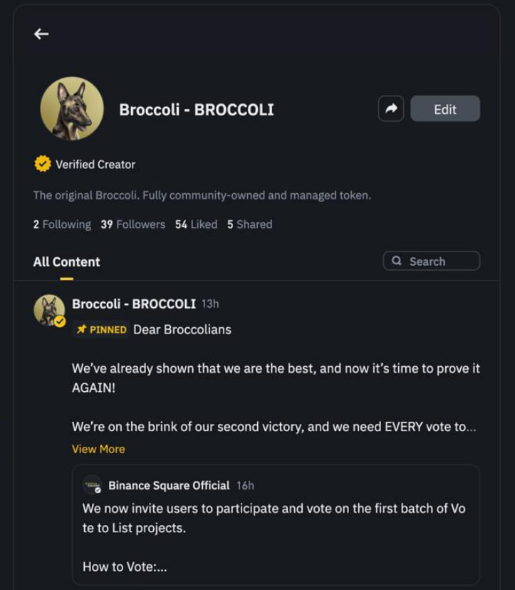 Broccoli is now fully verified on <a href="/Binance/">Binance</a> Square!

What is a Verified <a href="/Binance/">Binance</a> Official Account?

A Verified <a href="/Binance/">Binance</a> Official Account is an officially confirmed account on social media or platforms like <a href="/Binance/">Binance</a> Square. It is used for official news and updates, ensuring