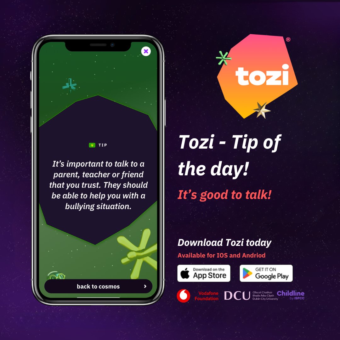 It's time for another "#Tozi tip of the day - a reminder that it's good to talk! Tozi is an app created to empower and support young people. We add new tips &amp; other content regularly.  Developed by <a href="/VodafoneFdn/">Vodafone Foundation</a>, in partnership with DCU Anti-Bullying Centre and <a href="/ISPCCChildline/">ISPCC</a>.