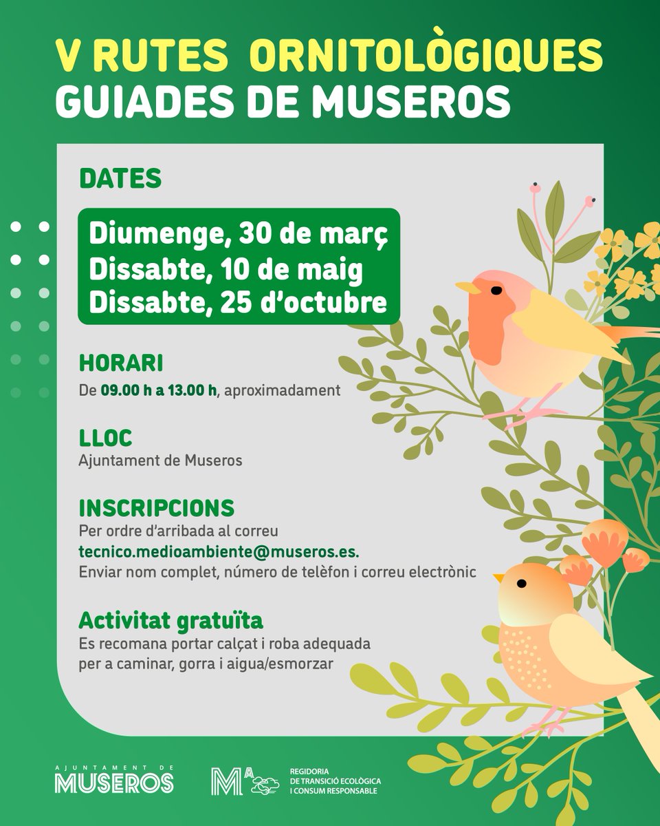 🌎 Des de la regidoria de Transició Ecològica i Consum Responsable es continuen promovent les rutes ornitològiques de Museros, que tindran lloc en els mesos de març, maig i octubre, presentant-se com una alternativa d'oci educatiu i familiar.