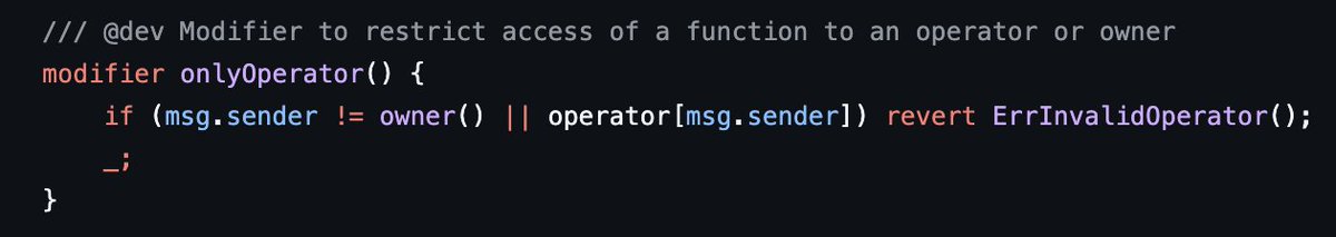 tpiliposian's tweet photo. Most of the time, developers mess up when there are multiple conditions in the `if / revert()` logic. Always double-check the logic, as it can lead to even critical issues.

One example, I saw this modifier in a past contest:

It was supposed to restrict access to an operator or the owner, but instead, it only allowed the owner who is not an operator, as a result operators could never call functions using this modifier.

Here is the fix:
.