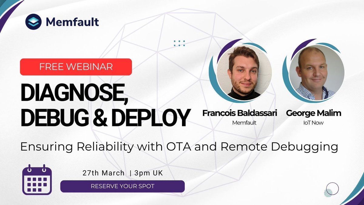 IoTNow_'s tweet image. Memfault WEBINAR: Ensuring Reliability with OTA and Remote Debugging.
27 March | 3 PM | UK
Reserve Your Spot! bit.ly/41rOcLT
#FutureReady #RemoteDebugging