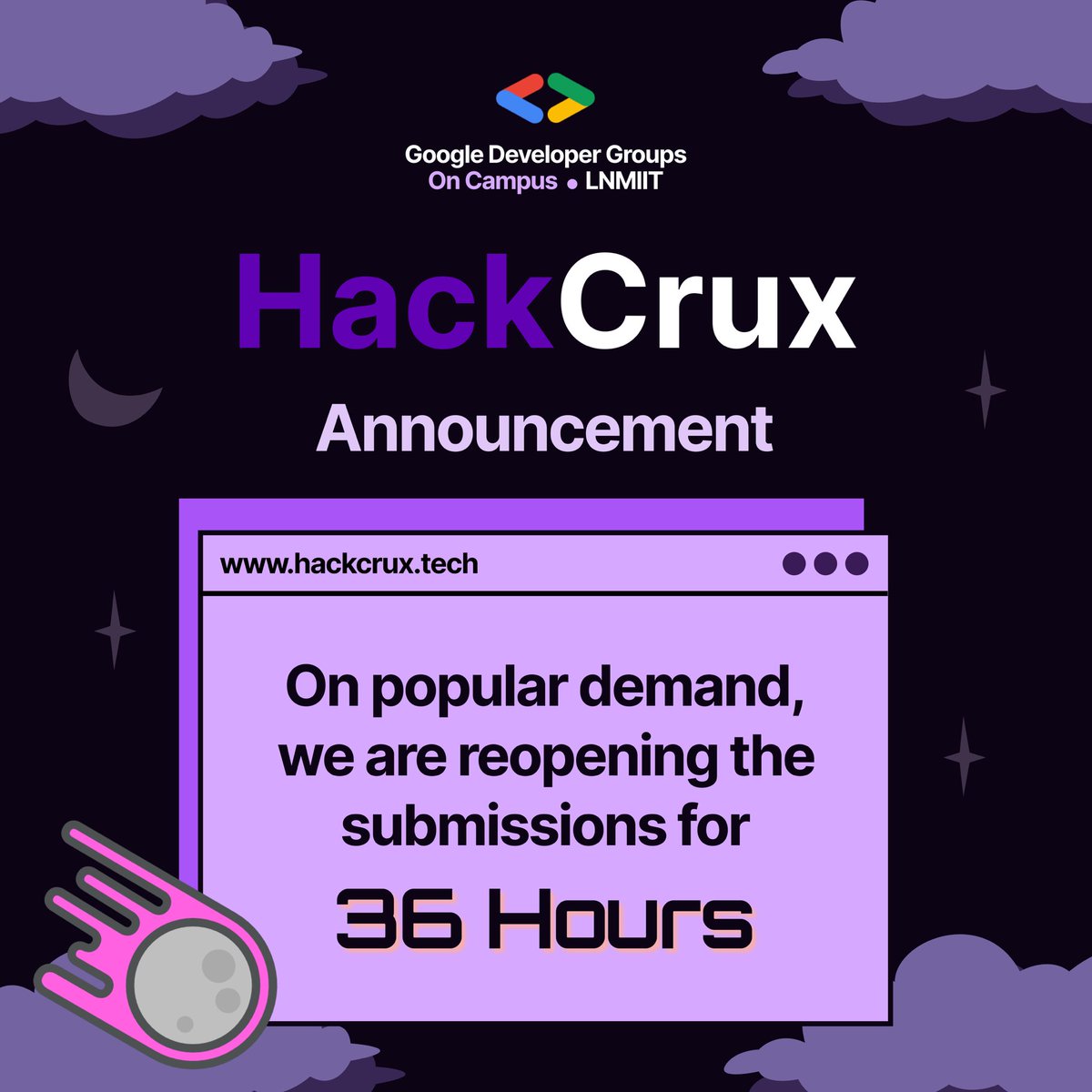 Missed Your Chance? HackCrux is BACK! 🚀

Due to high demand, submissions are open for 36 more hours! ⏳

Final Deadline: March 22, 2:30 AM 🔥

Don’t miss out—refine your ideas &amp; submit now!

👉 Register: dorahacks.io/hackathon/gdg-…

👉 Submit: lu.ma/9votv8mq

#HackCrux