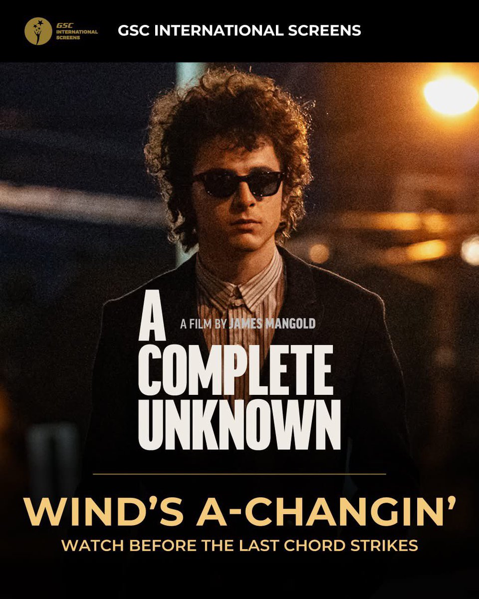 GSCinemas's tweet image. The final note is about to fade… 🎸🎬

Don’t miss your last chance to watch A Complete Unknown on the big screen! 🥹Experience Timothée Chalamet as Bob Dylan, exclusively at #GSCInternationalScreens! 🎟️✨

#ACompleteUnknown #GSCIntlScreens #SearchlightPictures