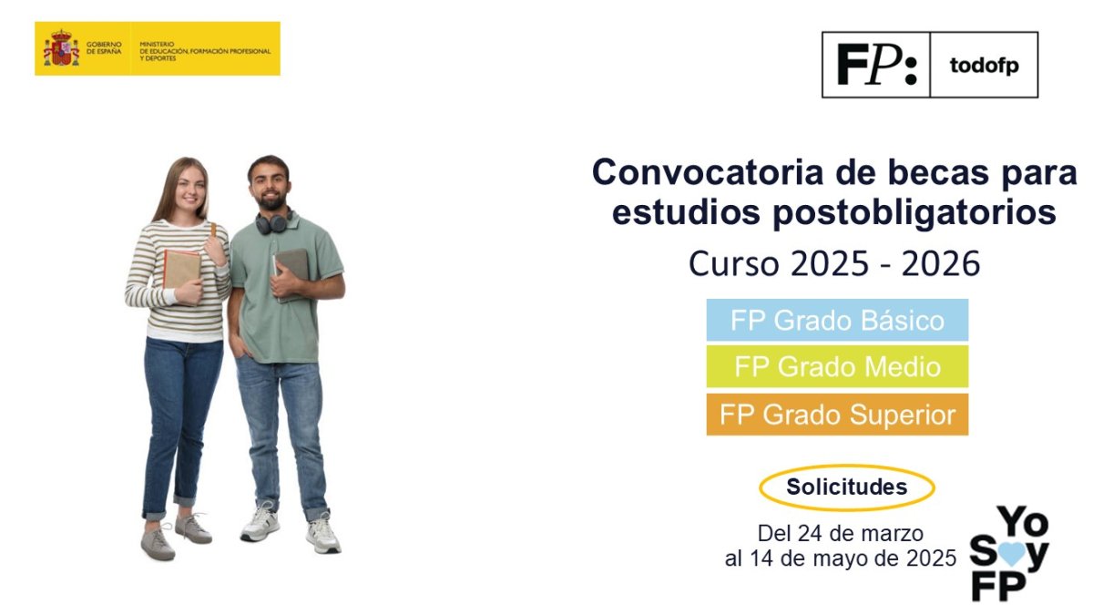 📢 Se convocan becas para el curso 2025-2026 para estudiantes que cursen estudios postobligatorios. Grado Básico, Medio y Superior. #TodoFP #YoSoyFP
🔴 Inscripciones: Del 24 de marzo al 14 de mayo de 2025
🔎 boe.es/diario_boe/txt…