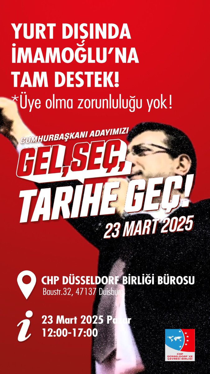 Dayanışma sandığı Duisburg-Düsseldorf’ta!
📍Baustr. 32, 47137, Duisburg
🗓️ 23 Mart, Pazar, 12:00-17:00

Die Solidaritäts-Wahlurne ist in Duisburg-Düsseldorf!
📍Baustr. 32, 47137, Duisburg
🗓️ Sonntag, 23. März, 12:00-17:00 Uhr