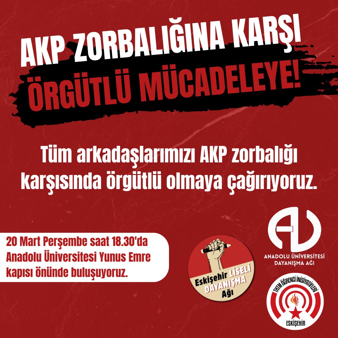 lisedayanismaag's tweet photo. LİSELİLER AKP'NİN ZORBALIĞINA BOYUN EĞMİYOR!

Bugun saat 18.30'da Anadolu Üniversitesi Yunus Emre Kapısı önünde buluşuyoruz. https://t.co/EvKJ0Np8tl