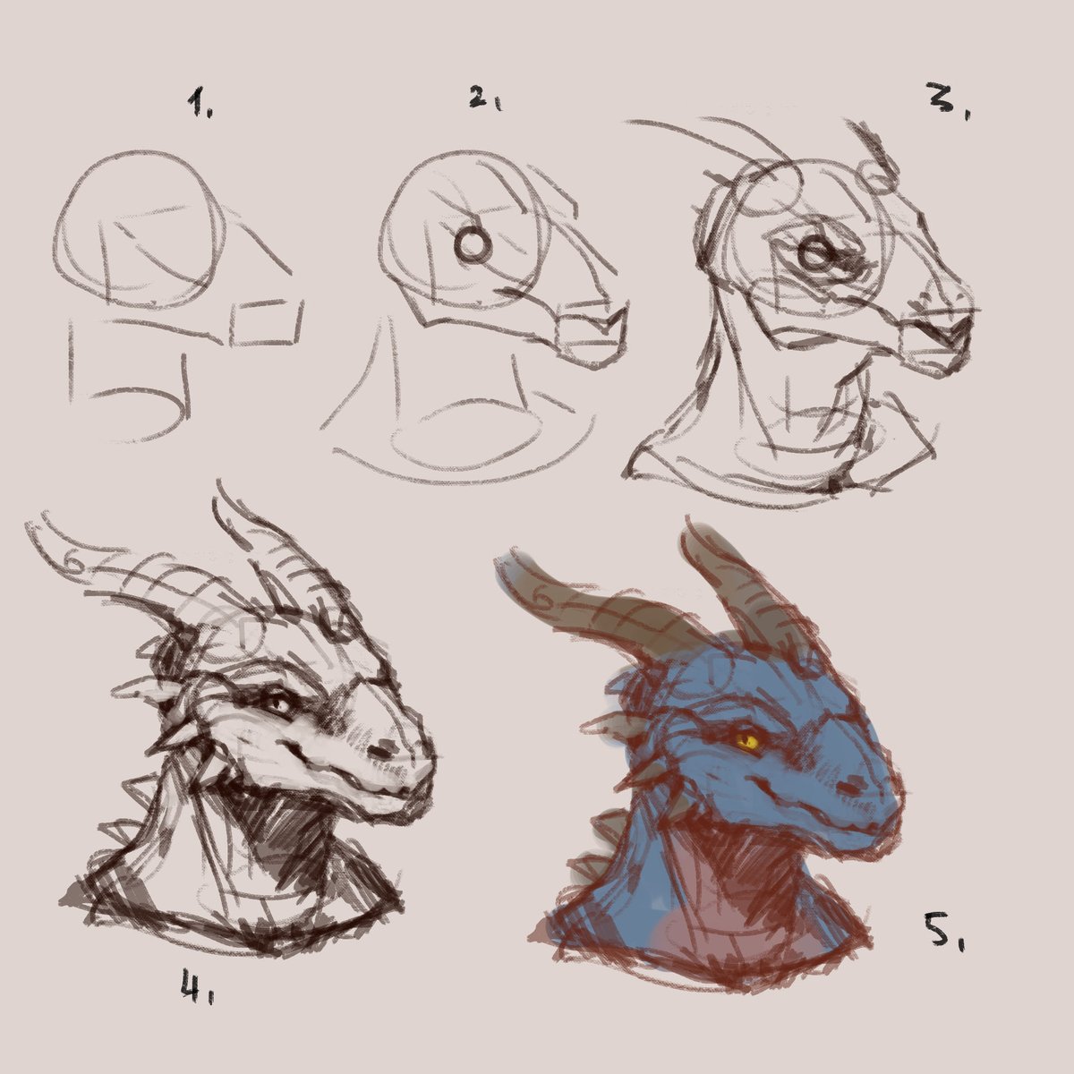 demon_siberian's tweet image. Hi! 
here is an extremely simplified scheme!
1.  simple shapes (a sphere - skull, a brick - muzzle, and a cylinder - neck). 2. find a place for the eyes, the line of the mouth, the line for the middle of the forehead. 3-4. add details, some basic anatomy. 5. color!