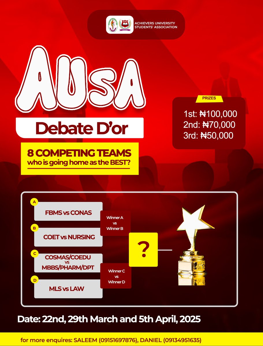 achieversSMC's tweet photo. 📢 AUSA DEBATE D’OR🏆🔥

Are you ready for the most intense intellectual showdown of the year? The AUSA DEBATE D’OR is here, bringing together 8 COMPETING TEAMS in a battle of wits, eloquence, and logic. Who will rise to the top and claim the crown?🏆

#AUSADebateDor https://t.co/KZeDPg0v6a