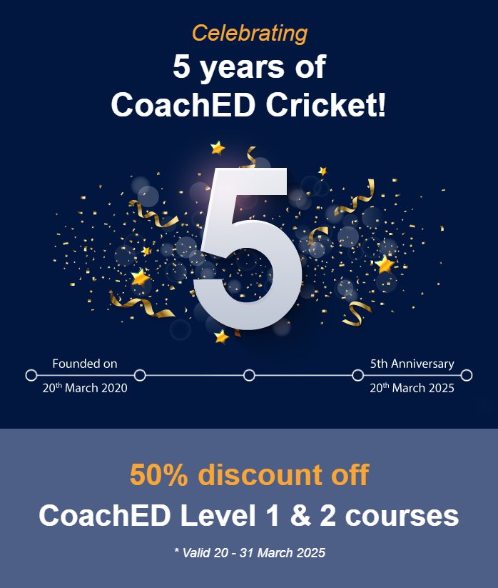 🎉5 Years🎉

➡️ Grab this opportunity to celebrate with us as we look back on an incredible 5 years of building CoachED with you! 

🎉click link - coachedcricket.com to access 50% discounts on our level 1 and level 2 courses! 

#cricket #performance #birthdaycelebration