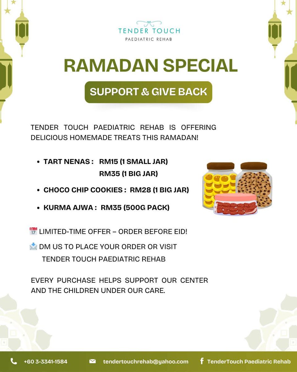 MYTenderTouchPR's tweet photo. 🌙✨ Ramadan Special – Support &amp; Give Back! ✨🌙

This Ramadan, spread love with delicious homemade treats! 🍪🍍🌰 Every purchase supports children in need. 💕

🍍 Tart Nenas – RM15 (S) | RM35 (L)
🍪 Choco Chip Cookies – RM28
🌰 Kurma Ajwa – RM35 (500g) https://t.co/vMQDYggZTX