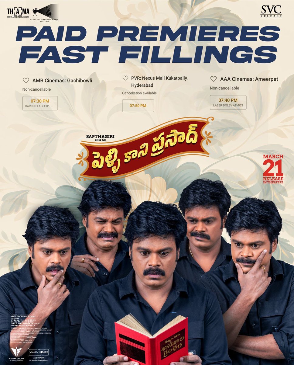 Saravanaravikumar (@saravanaspb) on Twitter photo The Excitement for unlimited entertainment is reaching new heights β€οΈβπ₯
#PelliKaniPrasad PAID PREMIERE BOOKINGS ARE FILLING FAST β‘πΏ
Book Your Tickets Now!
β linktr.ee/PKPTickets
Theatrical Release by <a href="/SVC_official/">Sri Venkateswara Creations</a>
<a href="/MeSapthagiri/">Sapthagiri</a> <a href="/PriyankaOffl/">Priyanka Sharma (#Savaari)</a> <a href="/abhilash_gopidi/">abhilash reddy gopidi</a> <a href="/ThamaEnts/">Thama Media and Entertainments</a> The Excitement for unlimited entertainment is reaching new heights β€οΈβπ₯
#PelliKaniPrasad PAID PREMIERE BOOKINGS ARE FILLING FAST β‘πΏ
Book Your Tickets Now!
β linktr.ee/PKPTickets
Theatrical Release by <a href="/SVC_official/">Sri Venkateswara Creations</a>
<a href="/MeSapthagiri/">Sapthagiri</a> <a href="/PriyankaOffl/">Priyanka Sharma (#Savaari)</a> <a href="/abhilash_gopidi/">abhilash reddy gopidi</a> <a href="/ThamaEnts/">Thama Media and Entertainments</a>