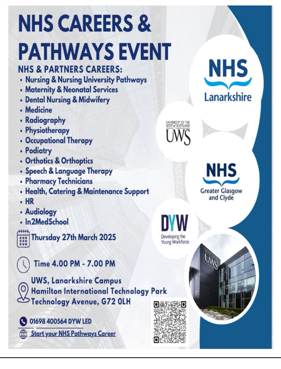 NHS Scotland Careers Event:

UWS Degree Pathways on offer:
🎓BSc Adult Nursing &amp; BSc Mental Health Nursing
🎓BSc Paramedic Science
🎓BSc Midwifery
🎓BSc Applied/Biomedical Science

If you’re interested in attending the drop in session, apply using the QR code below!
